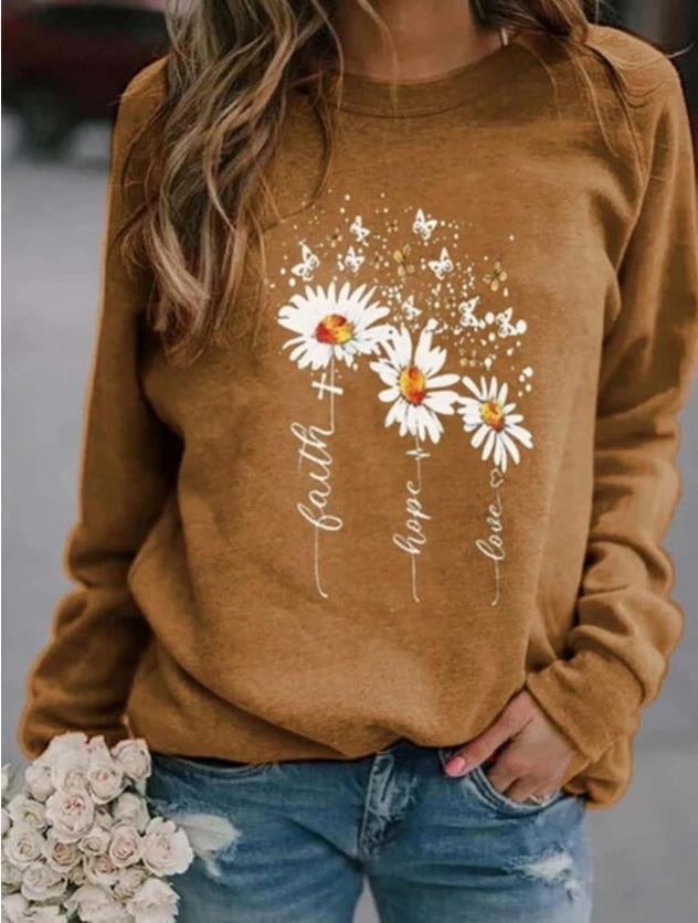 Side New Fashion Women's Loose Top Autumn and Winter Long Sleeve Round Neck Printed Casual Sweater, Size: Small, Beige