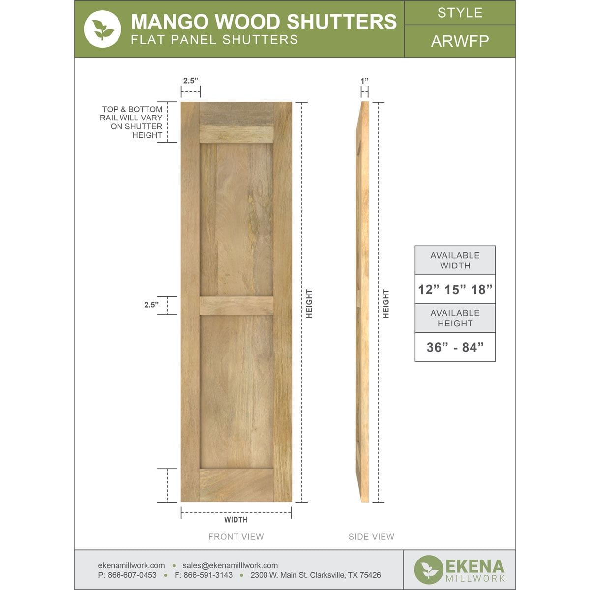 18"W x 36"H Americraft Two Equal Flat Panel Exterior Real Wood Shutters (Per Pair), Track Green