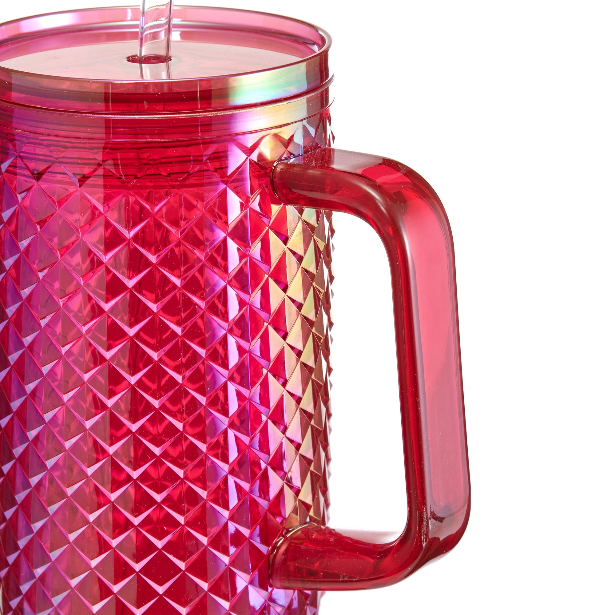 Mainstays 30oz Textured Tumbler with Straw and Handle, Diamond Iridescent Pink, 30oz, Plastic Double Wall Insulated
