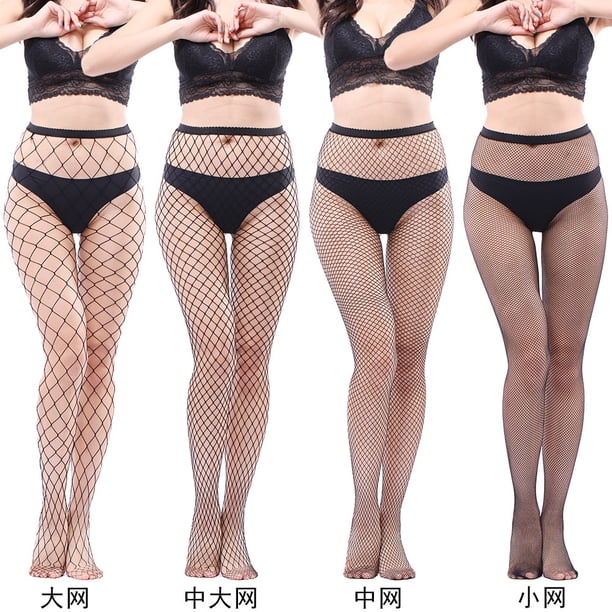 Xiao Hua Medias ajustadas de red de pesca de cintura alta para mujer, medias transparentes de red de pesca de cintura alta, negras, conjunto de 4 piezas