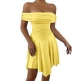 thumbnail image 2 of Women'S Off the Shoulder Mini Dress Ruffle Hem Ruched Corset Short Cocktail Party Dresses Light Yellow S, 2 of 9
