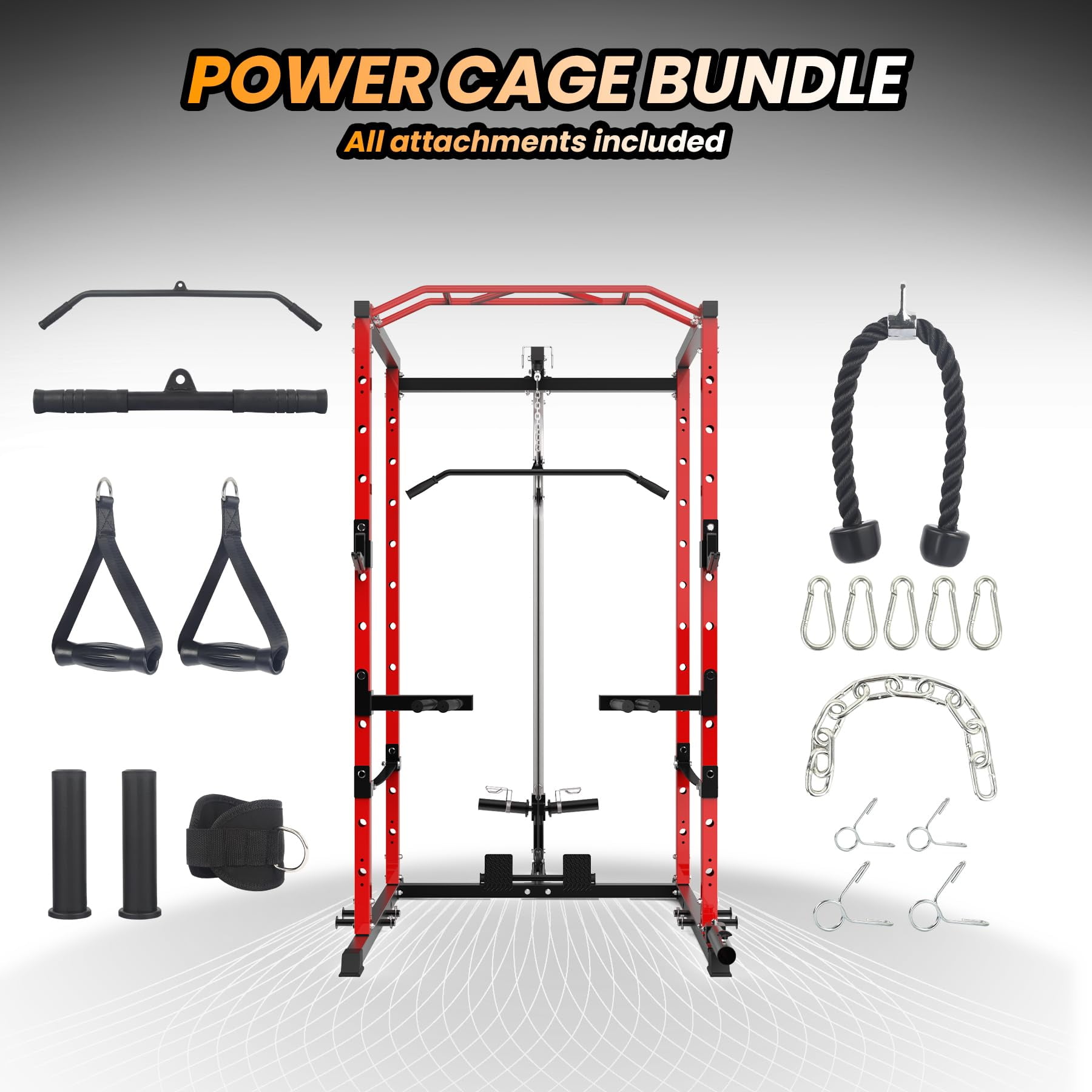 TROPOW Power Cage with LAT Pulldown, Multi-Functional Power Rack with Cable Pulley System and J-Hooks, Squat Rack with Dip Bars and Landmine Attachment, Weight Cage for Home Gym Equipment,Red