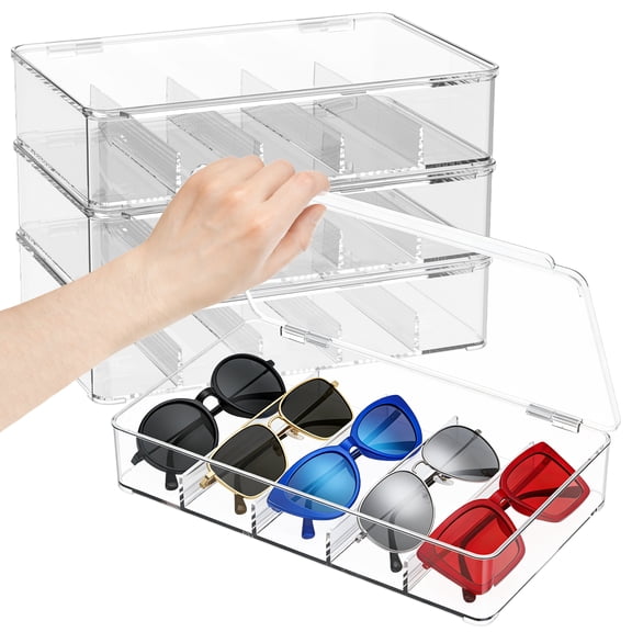 FKSZLL 4Pcs Sunglasses Organizer Stackable Plastic Eyeglass Storage Case for Multiple Glasses Clear Eyewear Display Box for Home