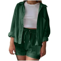Fmbrln Womens Summer 2 Piece Sets Casual Turndown Collar Button Long Sleeve Shirts and Drawstring Elastic High Waist Shorts Sets Lounge Sets Green 2XL