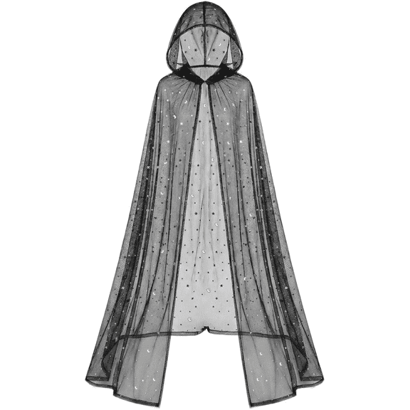Jiibva Sheer Mesh Witch Cloak Celestial Star Moon Hooded Cape Black 150cm