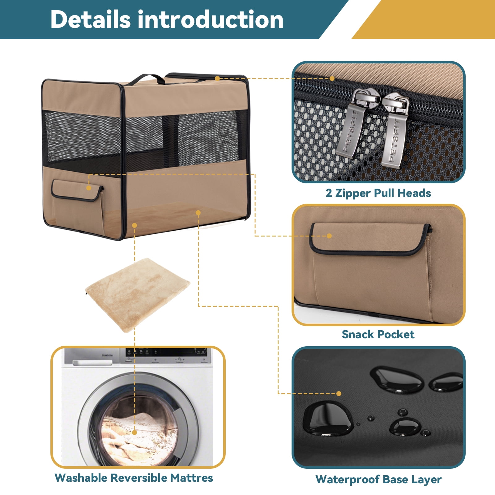 PETSFIT Collapsible Dog Crate, Chewproof Design Breathable & Collapsible Dog Kennel, Indoor and Outdoor Use with Thicken Mat 24 Inch Khaki