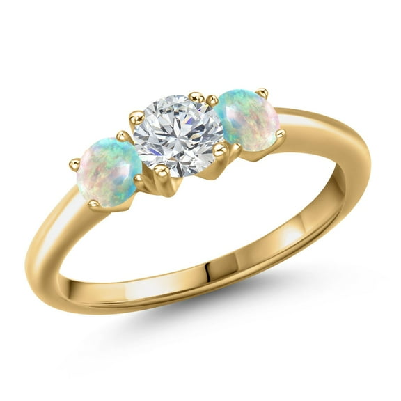 Gem Stone King 18K Yellow Gold Plated Silver Lab Grown Diamond and Simulated White Opal Engagement Ring for Women | 1.00 Cttw | Round 5MM | Gemstone April Birthstone | Size 8