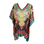 Mogul Womens Caftan Vibrant Shades Digital Print V-Neck Sexy Bikini Beach Cover Up Evening Dress