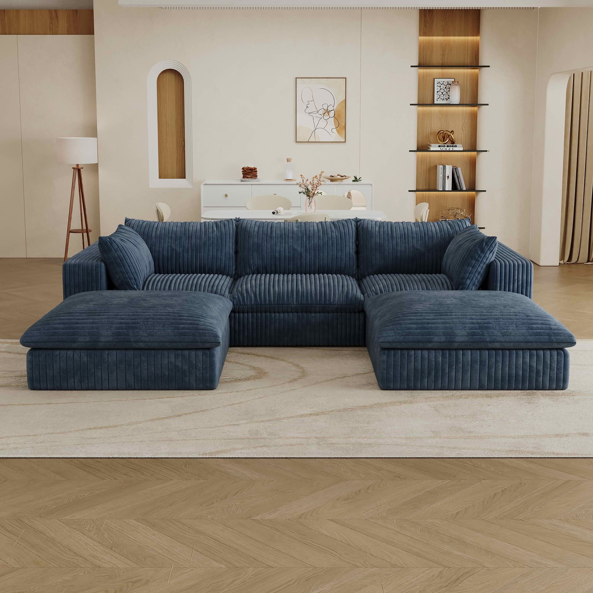 MAYEERTY 118.2" Cloud Corduroy Sofa, Deep Seat Double-Layer Design, Removable Cushion No Assembly, DIY Combination, Blue