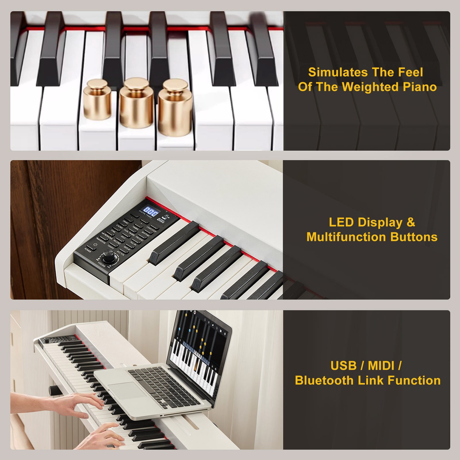 Mustar 88 Key Portable Electric Digital Keyboard Piano Semi Weighted with Storage Stool, 3 Pedals, Built-In Speakers, USB/MIDI, White