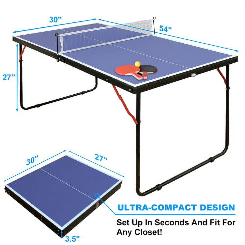 Lueco Mid-Size Table Tennis Table Game Set, Folding Indoor Outdoor Ping Pong Table for Rec Room w/ 2 Paddles, 3 Balls, Net, Carrying Bag, Adjustable Feet