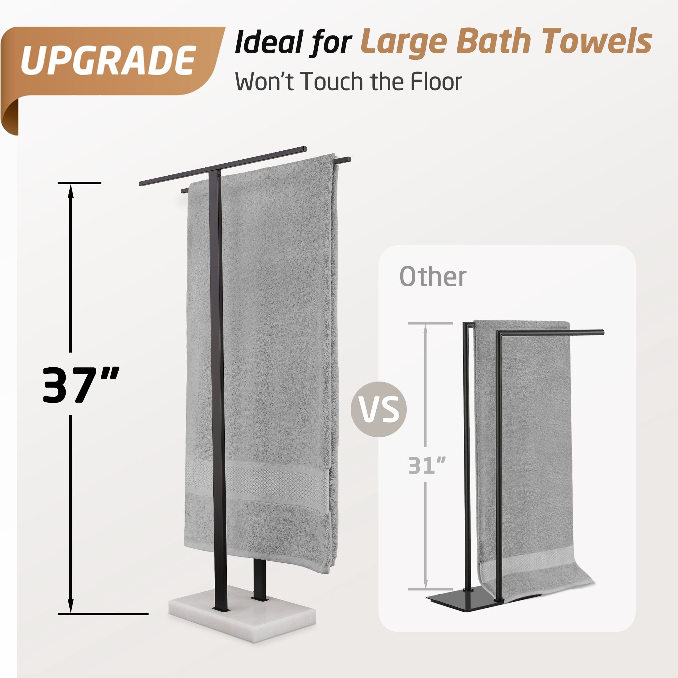 KES Black Standing Towel Rack, 37" H (Equal Height) Towel Stand with Marble Base, Free Standing Towel Racks for Bathroom Floor, 18/8 Stainless Steel, WMBTR005BK