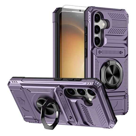 New Phone Case With Tempered Glass Film For Samsung Galaxy S26, Rugged Shockproof Ring Holder Kickstand Card Slot Cover, Violet