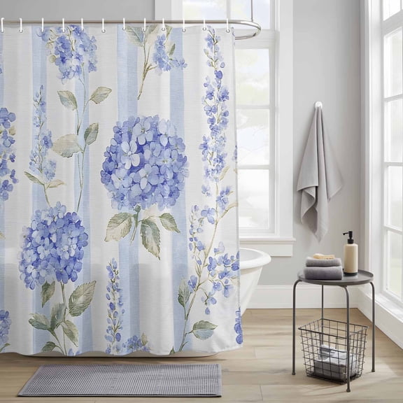 Purple Hydrangea Fabric Shower Curtain for Bathroom Waterproof Polyester Bath Curtain with 12 Hooks Watercolor Flower Floral Botanical Blue Stripes Washable Shower Curtain with Grommets 36"x78"