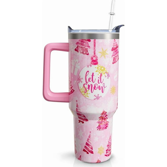 Christmas Tumbler 40 oz Christmas Tumblers with Handle and Straw Pink Christmas Tree Stainless Steel Insulated Coffee Cups Mugs Christmas Gifts Stuff Decor for Women Girls