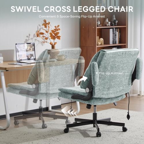Criss Cross Legged Office Chair with Flip-Up Back, Built-In Dynamic Airbag Lumbar Support, Wide Seat Desk Chair with Flip-Up Arms, Modern Cross-Leg Chair for Home Office, Vanity, Light Green
