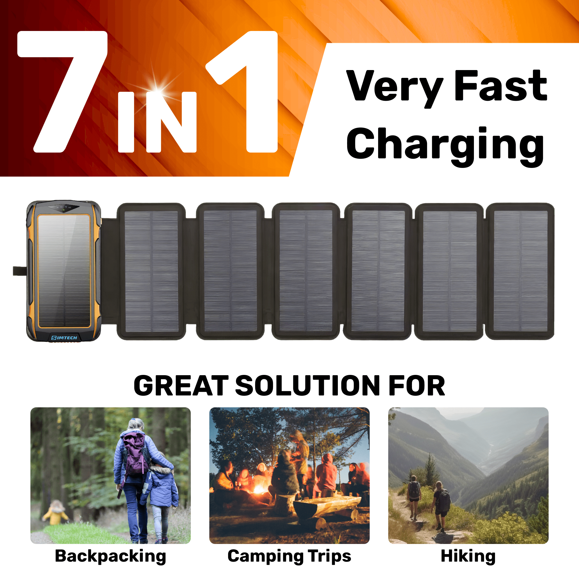 24000 mAh Solar Charger 7 Panels Detachable, Portable Solar Power Bank, with LED Light Flashlight, PD20W & QC18W Fast Charging Type C, Dual 5V USB Ports for Outdoor Camping Hiking P54 Waterproof