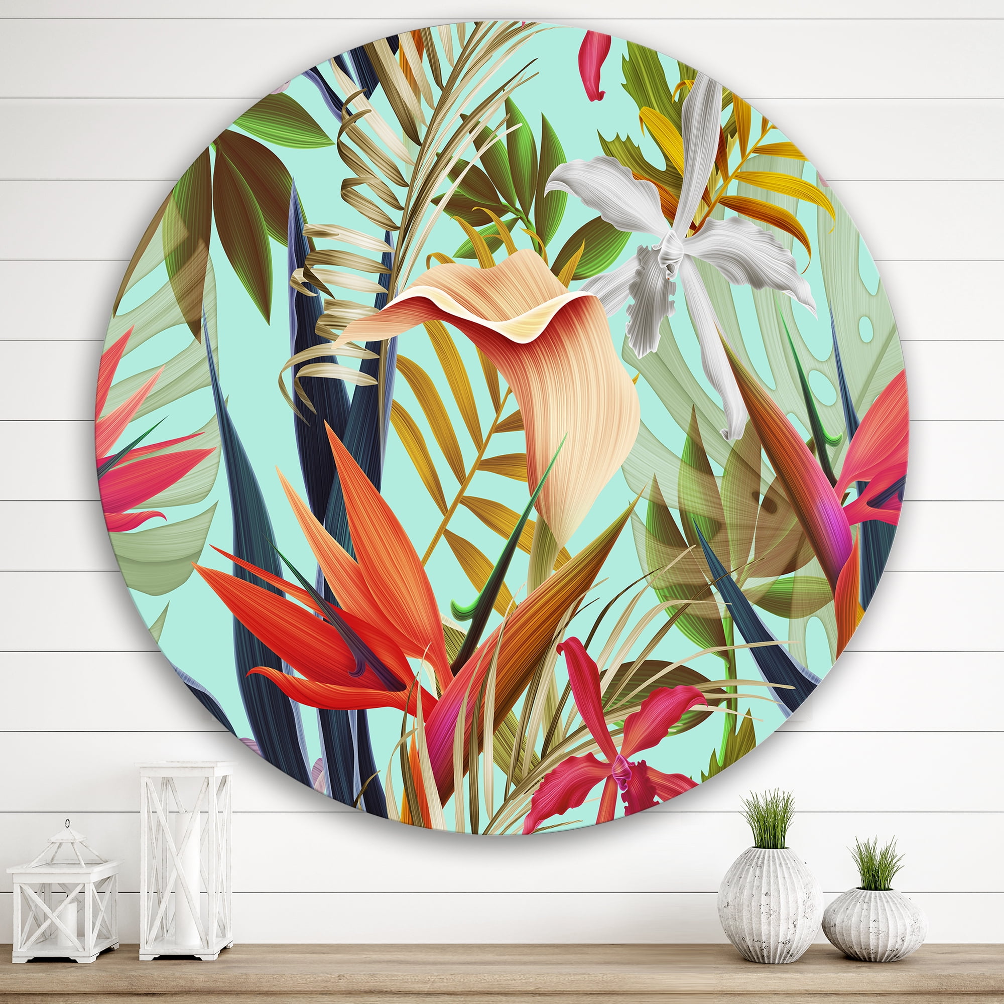 Designart 'VIntage Tropical Flowers II' Tropical Circle Metal Wall Art 29x29 - Disc of 29