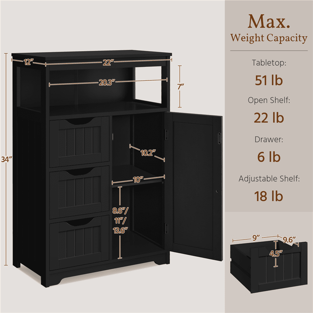 Yaheetech Wooden Floor Cabinet w/ Multi-Tiers & 3 Drawers, Black