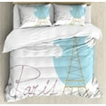 thumbnail image 1 of Eiffel Tower Duvet Cover Set Queen Size, Calligraphy and High Monument Drawn by Hand, Decorative 3 Piece Bedding Set with 2 Pillow Shams, Pale Blue Grey Pink Pale Green Dark Mustard, by Ambesonne, 1 of 3