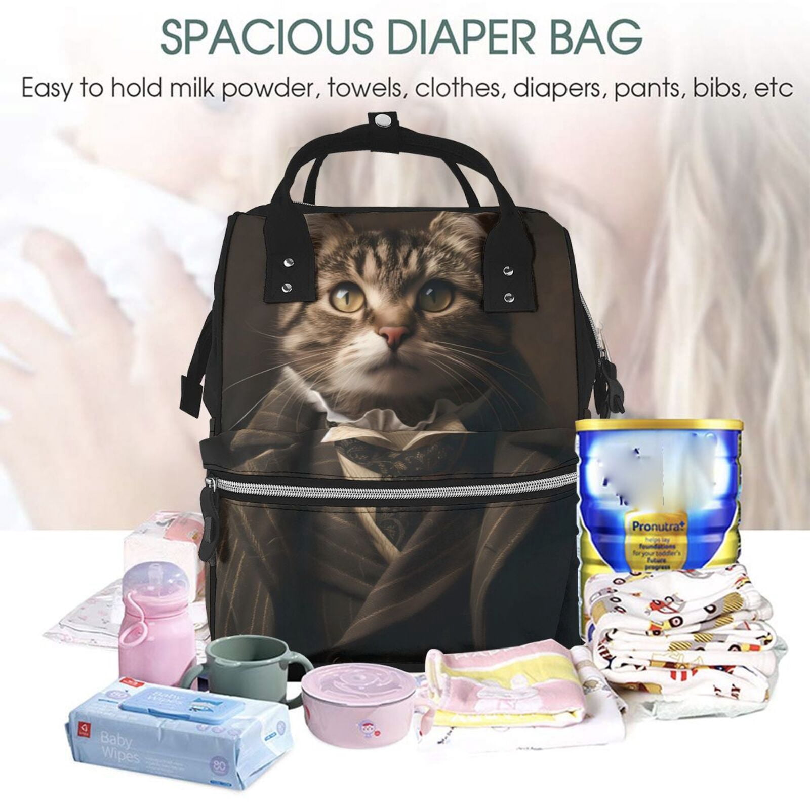 Fuzoiu Victorian Gentle Cat Print Diaper Bag Backpack,Baby Essentials Travel Tote,Multi function Waterproof Diaper Bag, Travel Essentials Baby Bag - Unisex