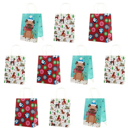 Christmas Medium Gift Bags with Foil Hotstamp, Paws & Presents Series, 10 Pack