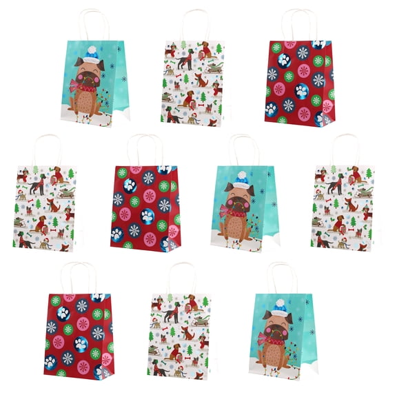 Christmas Medium Gift Bags with Foil Hotstamp, Paws & Presents Series, 10 Pack