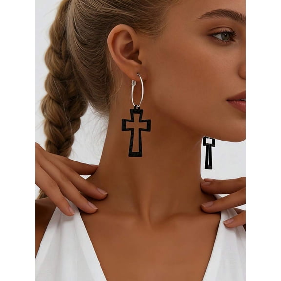 Black Glossy Cross Dangle Hoop Earrings For Women Fashion Jewelry