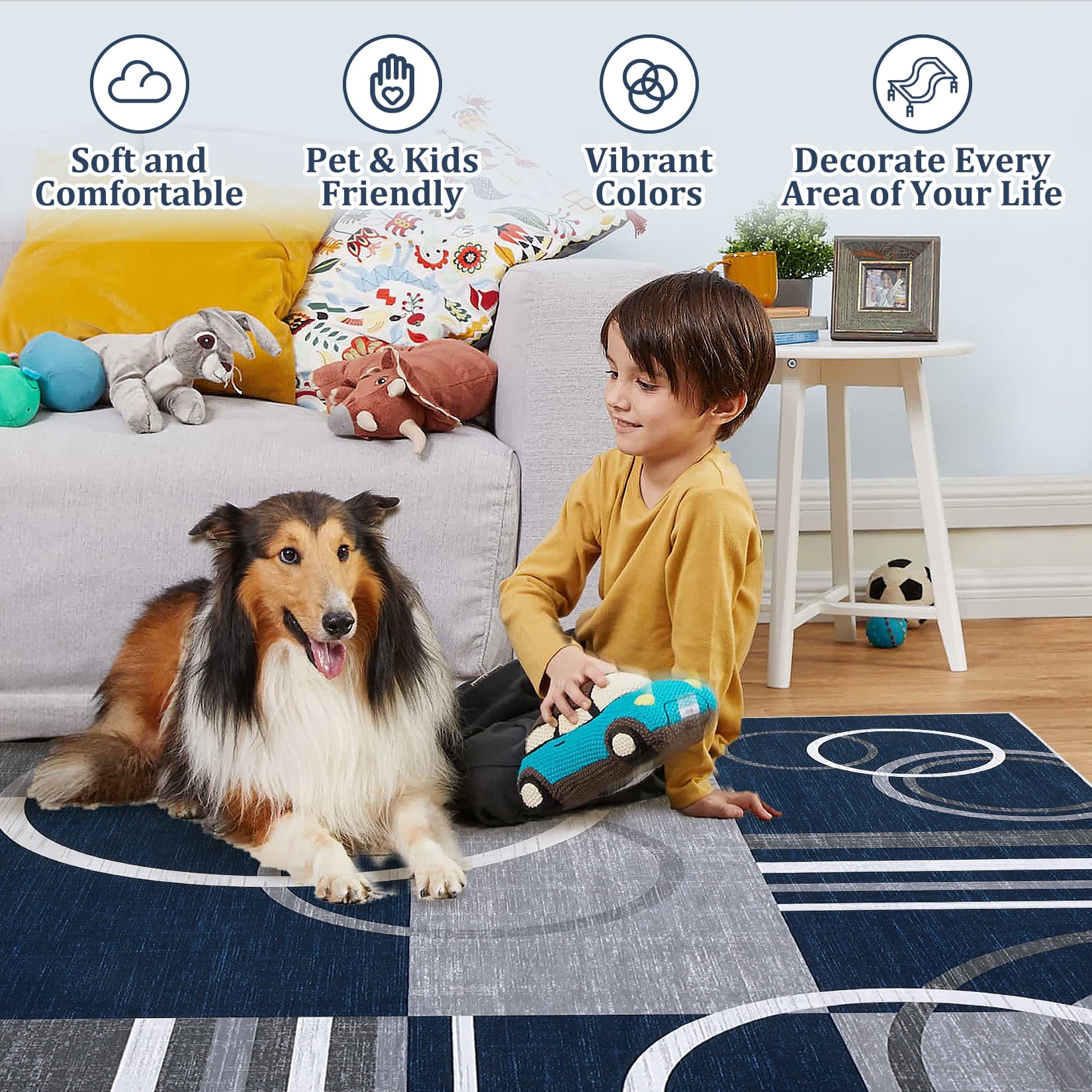 GlowSol 2' x 6' Hallway Runner Rug Kitchen Modern Geometric Rugs Non Slip Low Pile Bedroom Rugs for Laundry Room Kitchen, Navy Blue