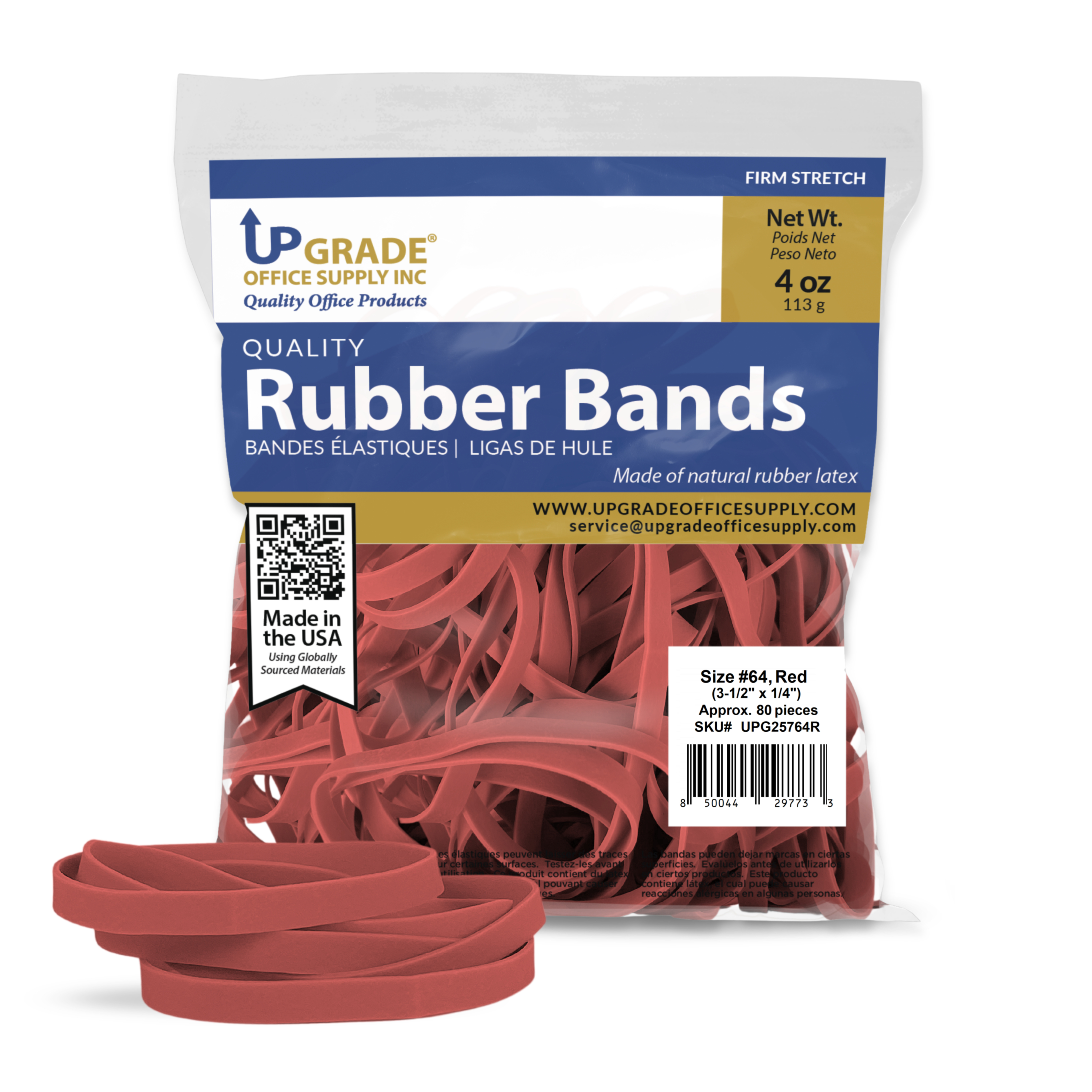 Upgrade Office Supply UPG25764RCS Rubber Bands, Size 64 (3-1/2 x 1/4), Red, 80 Bands per 1/4 lb, 100 Bag Case Pack (25 Pounds), Made in USA