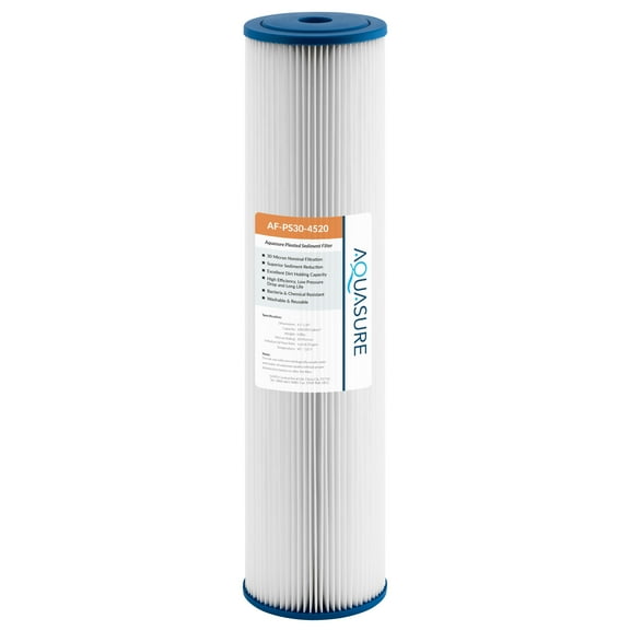 Aquasure Fortitude V Series 30 Micron Pleated Sediment Whole House Replacement Water Filter, Universal 20" x 4.5" Fit (AF-PS30-4520)