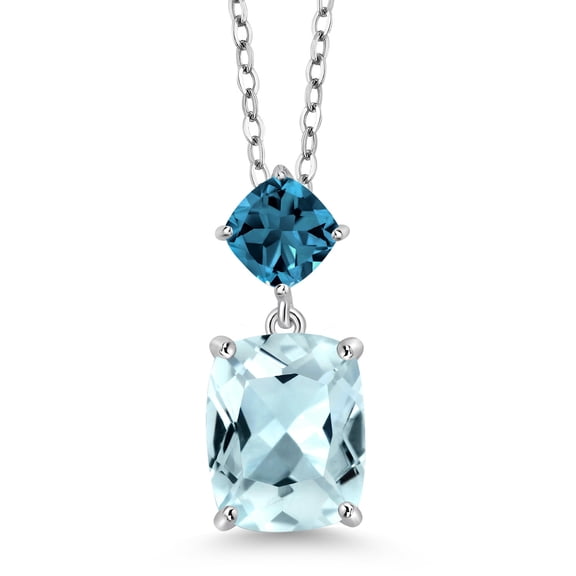 Gem Stone King 4.70 Cttw 925 Sterling Silver Sky Blue Simulated Aquamarine and London Blue Topaz Pendant Necklace for Women | Gemstone Birthstone | Cushion Cut: 10X8MM and 5MM | 18 inch Chain