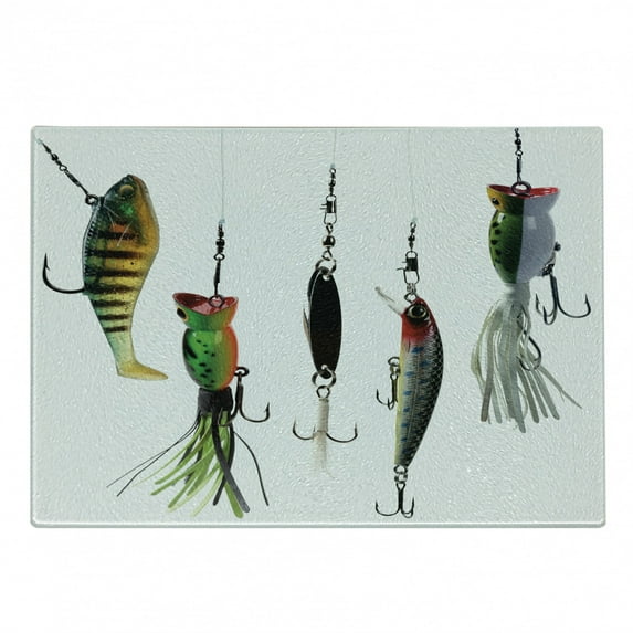 Fishing Cutting Board, Various Type of Fishing Baits Hobby Leisure Passtime Sports Hooks Catch Elements, Decorative Tempered Glass Cutting and Serving Board, Small Size, Multicolor, by Ambesonne