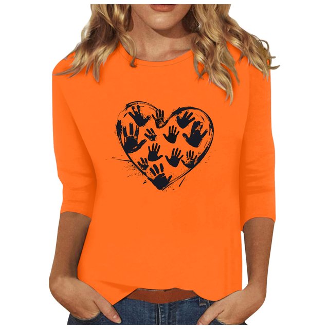 Dadaria Hauts pour Femmes Chemise Orange Manches 3/4 T-Shirt Col Rond Grande Taille Tee Été Imprimés Main Chandail Blouses S