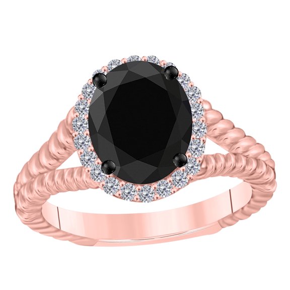 Mauli Jewels 1.45 Carat Oval Black Onyx & Diamond Engagement Ring for Women in 10K Rose Gold, 4 Prong Birthstone Halo Promise Ring