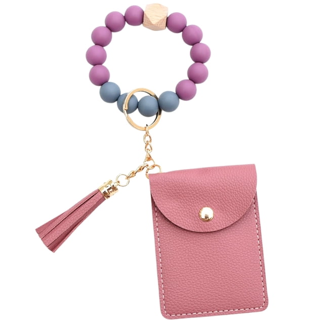 TACILIP Organization and Storage, Silicone Bead Bracelet Solid Color Card Bag Keyring Wallet Leather Fringe Multi-Card Compartment Coin Purse Leather Card Bag, Gifts for Mom