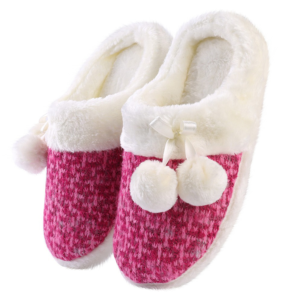 Women’s Pearly Pom Indoor Slip-On Slippers – Plush Knit Cozy House Shoes with Non-Slip Sole