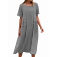 thumbnail image 2 of Womens Loose Fit Casual Linen Blend Solid Color Round Neck Short Sleeve Midi Dress Beach Gray M, 2 of 9