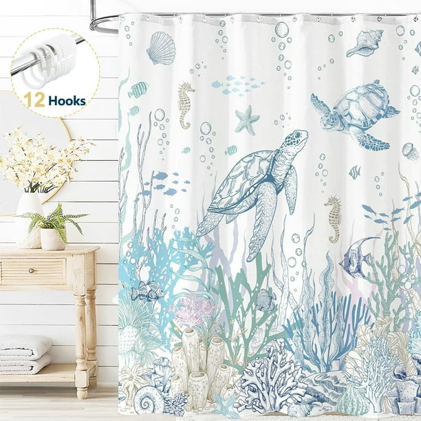 Dznils Cortina de Ducha Costera Náutica con Ganchos, Cortina de Baño de Tela Turtle Azul, 72" x 72"
