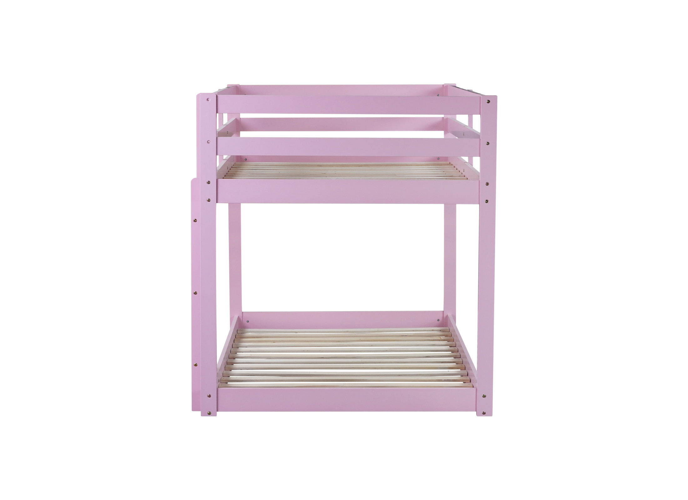 Noble House Alina Twin Over Twin Floor Bunk Bed with Ladder, Solid Rubber Wood Frame with Strengthened Slats, Pink