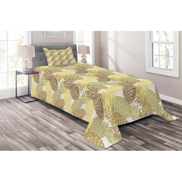 Pineapple Coverlet Set, Summer Themed Overlapping Curving Exotic