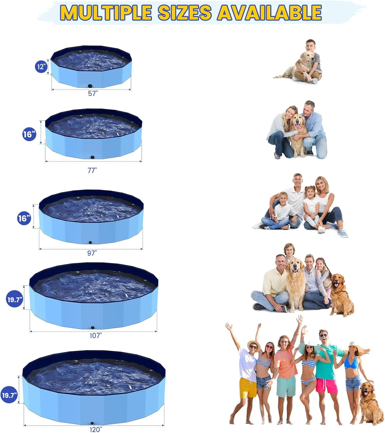 Foldable Large Dog and Kids Swimming Pool, 77" XXL Heavy Duty Non-Slip Outdoor Pool with Quick Drain