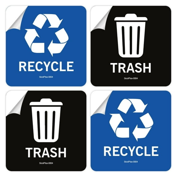 Recycle Stickers for Recycle Bin and Trash can Stickers 4 x 4 Inches Round Recycle and Trash can Labels UV Protected Indoor and Outdoor Self Adhesive Vinyl Stickers (4x4 Inch 04 Pcs Square)