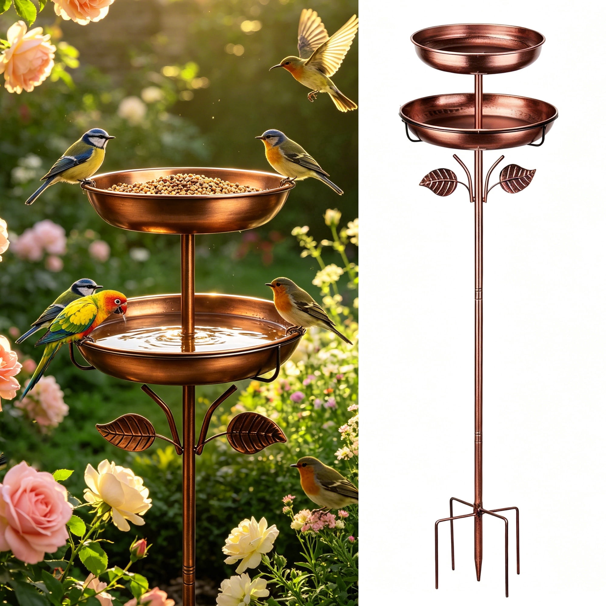 Bird Bath, 42In 4-Pronged Base Birdbaths for Outside, Double Metal Bird Bath & Feeder Bowls for Garden, Window, Patio, Yard & Lawn Decor, Ideal Gift for Bird Lovers