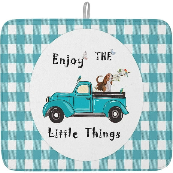 Dish Drying Mat Truck With Dog Drying Mat for Kitchen Counter Butterfly Flower Teal Green Buffalo Check Plaid Absorbent Microfiber Dish Pads Machine Washable 18" x 24"