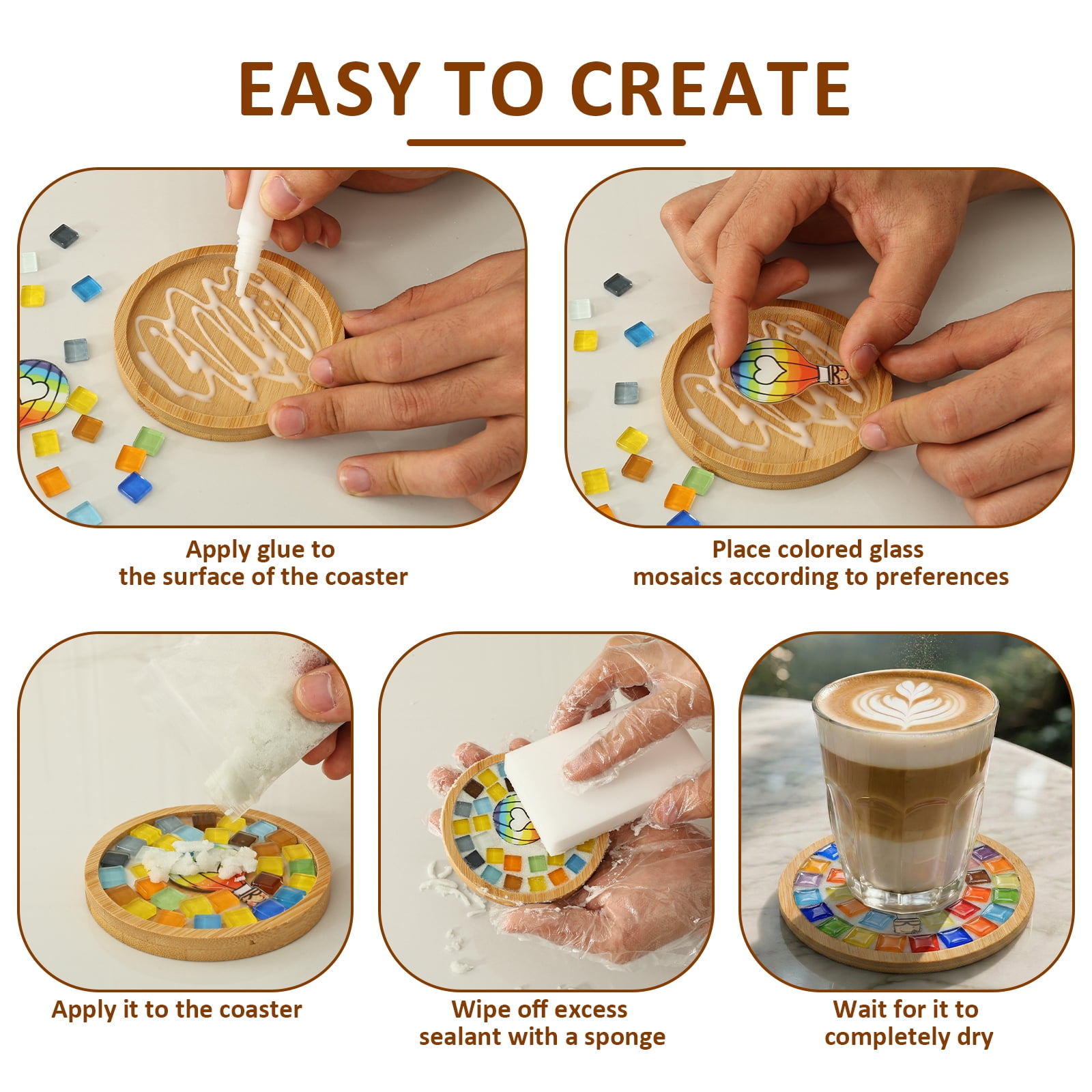 3 Pcs DIY Mosaic Kit for Adult Glass Tile for Craft with Bamboo Cup Pad for Women Mixed Color Mosaic Art Craft Cup Mat Project Handmade Making Kit Set for Home Decor Present
