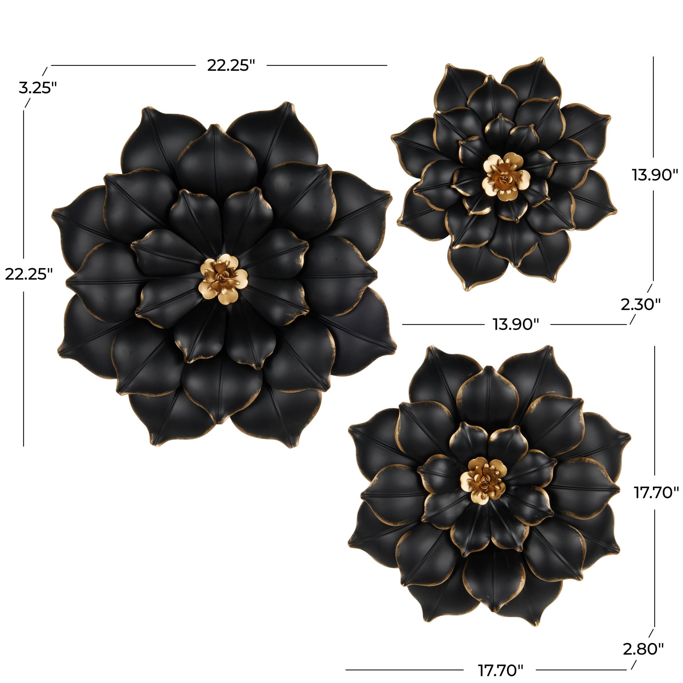 DecMode Black Metal 3D Floral Wall Decor with Gold Center (3 Count)