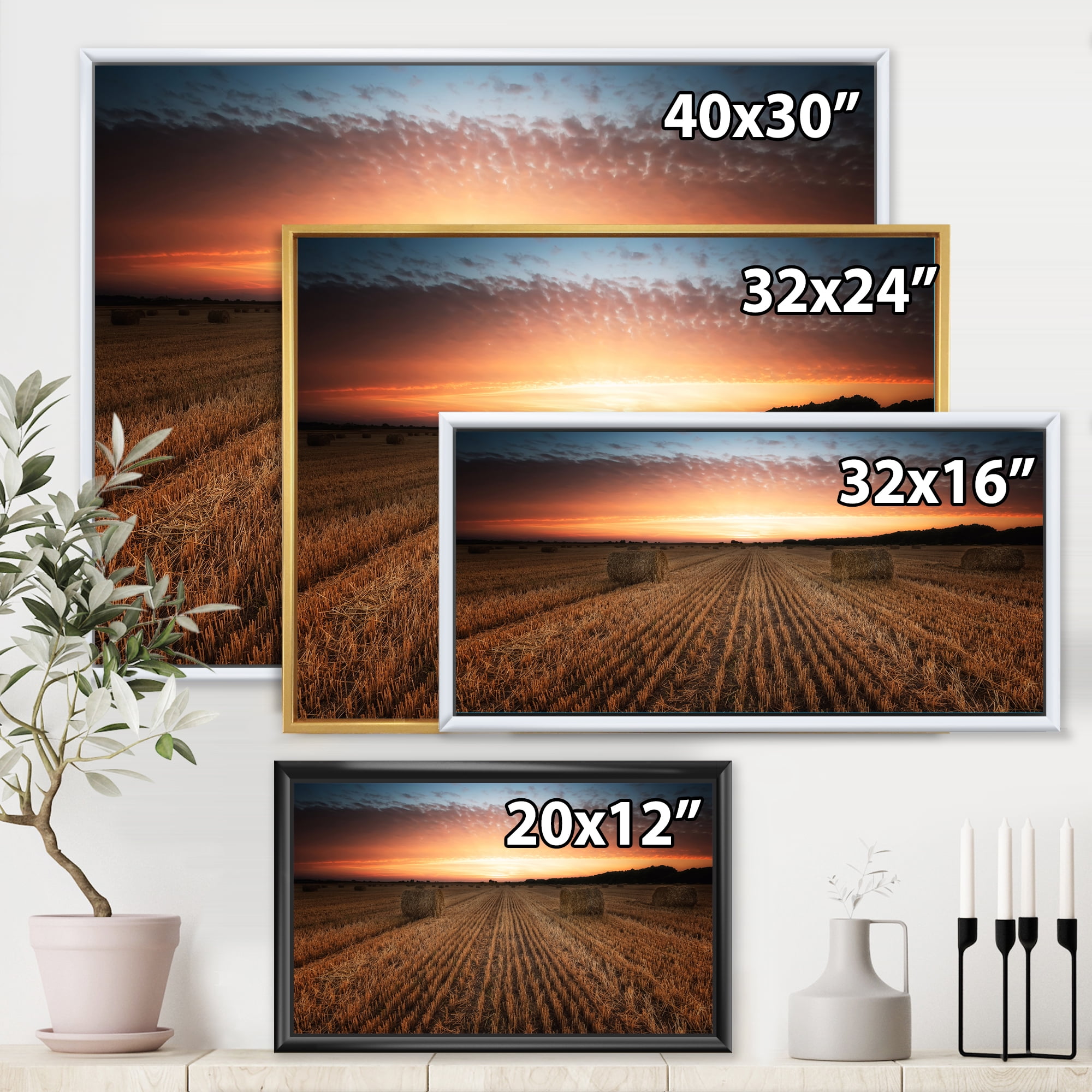 Designart 'A Field Full of Hay Bales At Sunset Landscape' Farmhouse Framed Canvas Wall Art Print