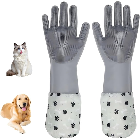 YeewayVeh Pet Bathing Grooming Gloves with Long Sleeve, Silicone Pet Cleaning Washing & Grooming Gloves with Density Soft Brushes for Dogs & Cats (Gray)