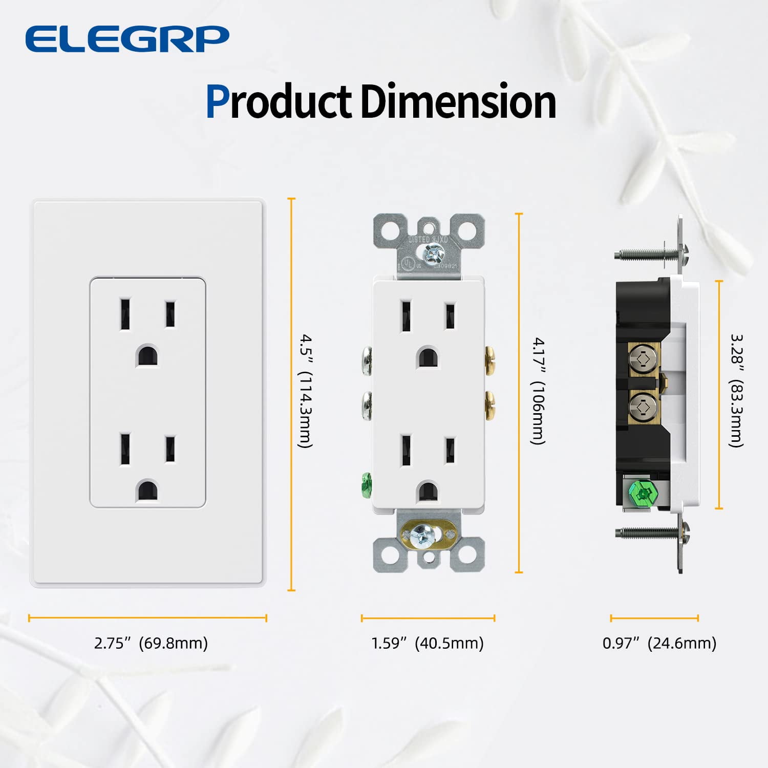 ELEGRP Decorator Electrical Wall Receptacle Outlet, 15A 125V, 2 Pole 3 Wire, Self-Grounding, Non- Tamper Resistant, Self-Grounding, NEMA 5-15R, UL Listed, Wall Plate Included, Matte White,10 PC